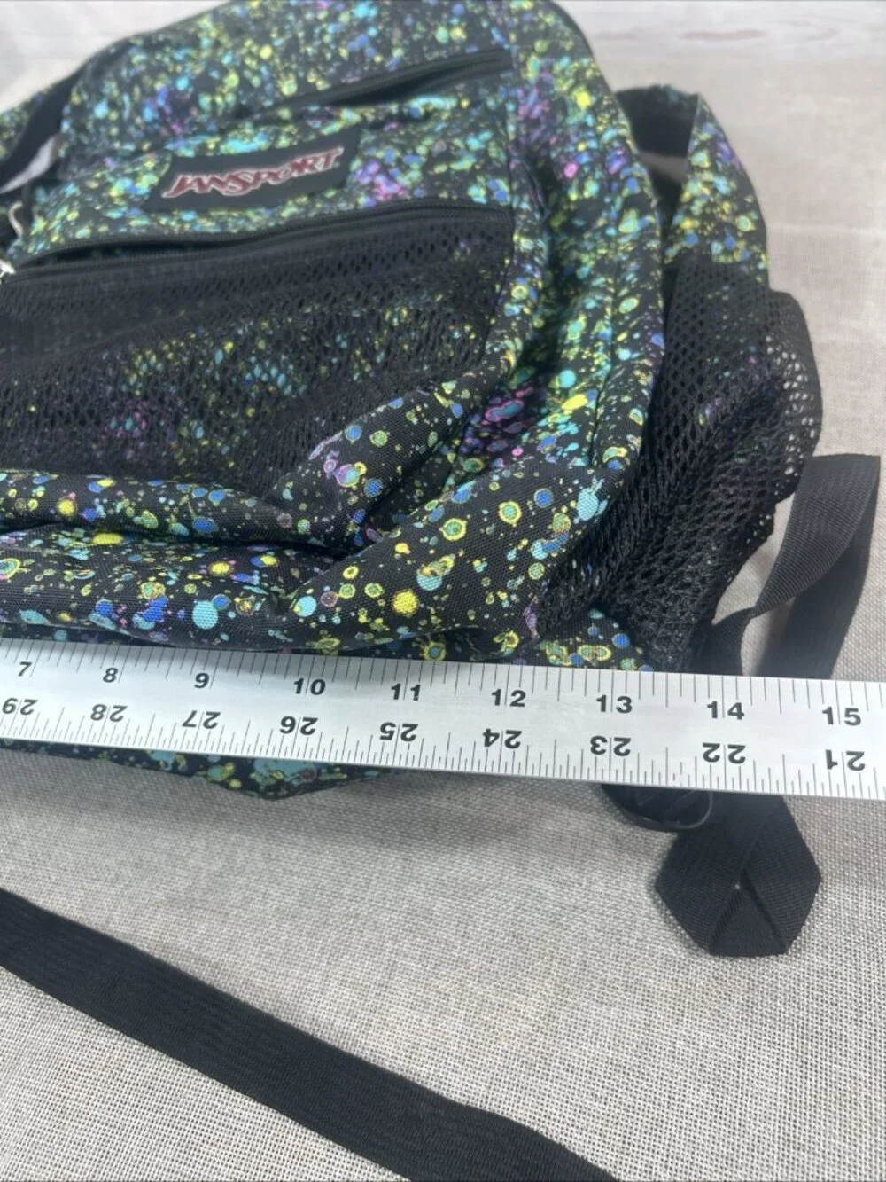 JANSPORT BACKPACK Black with BUBBLE COLORS 5 ZIPPER POUCHES 17” With mesh